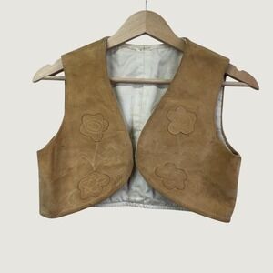 Vintage Suede Floral Embroidered Vest Small Tan Boho Hippie 70s Style